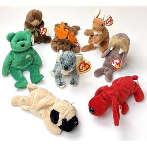 VTG 1993-1996 Lot 8 TY Beanie Babies CHOCOLATE Moose ERIN Bear POUCH Kangaroo++